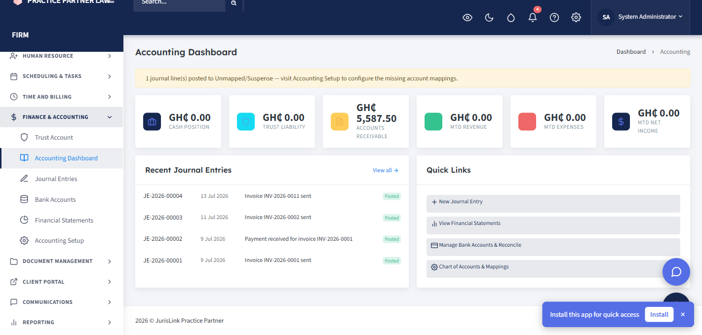 JurisLink LPMS — Accounting screenshot