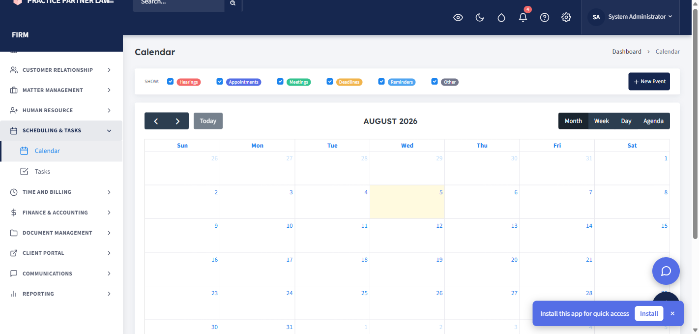 JurisLink LPMS — Calendar screenshot