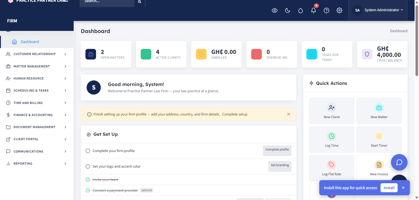 JurisLink LPMS — Dashboard screenshot