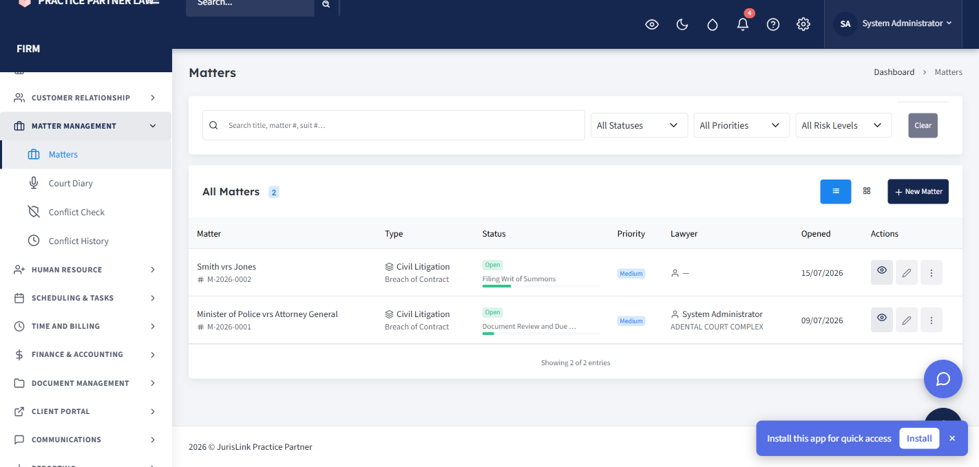 JurisLink LPMS — Matters screenshot