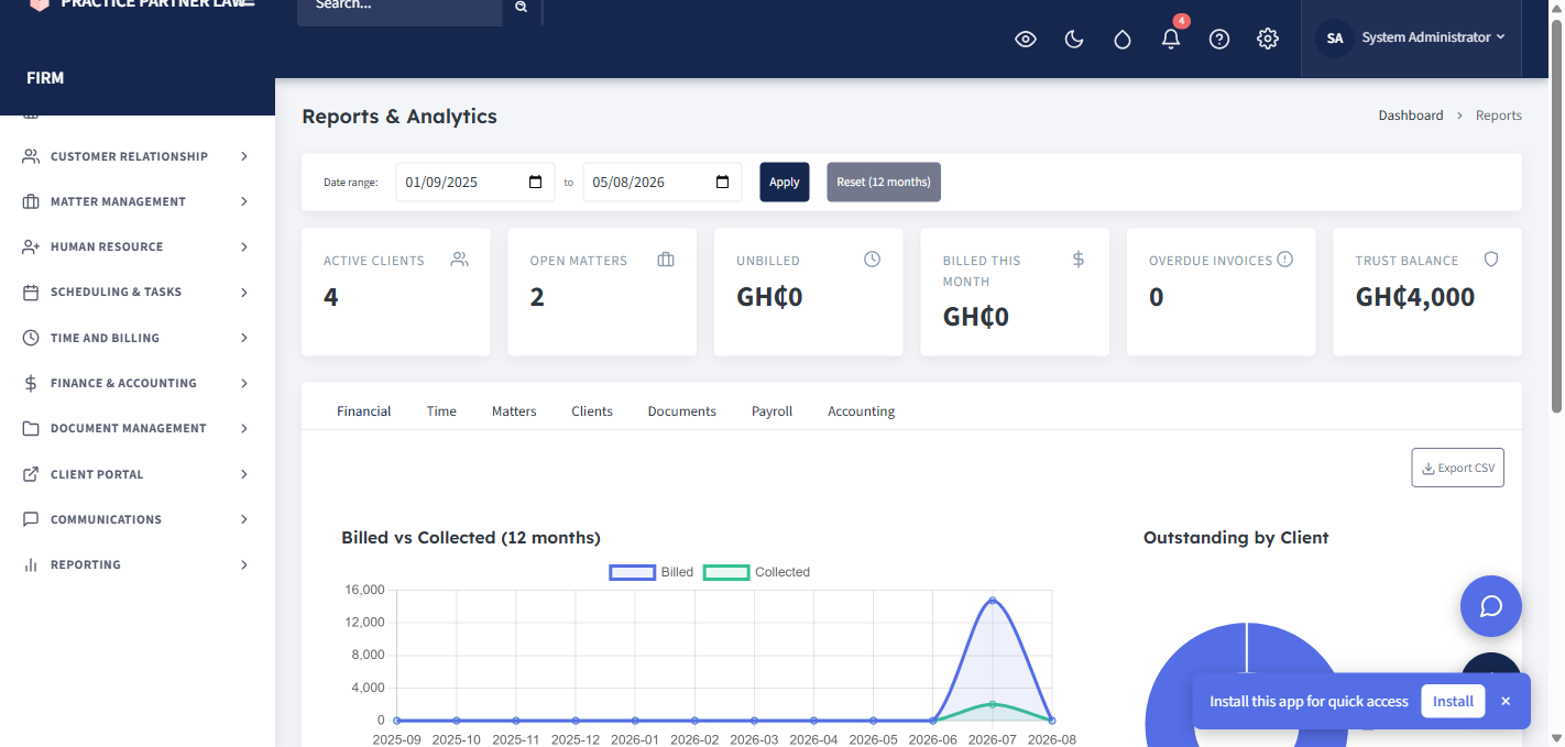 JurisLink LPMS — Reports screenshot
